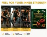 Three gym training panels show a muscular man pushing through strength, stamina and endurance drills beside a green Hashmi Sikander-E-Azam Men’s Wellness Soup sachet.